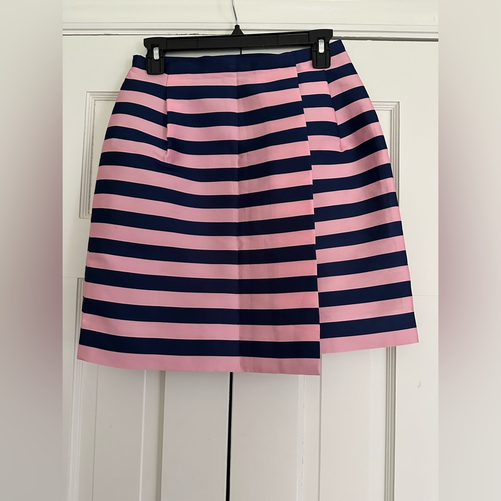 J Crew satin Pink and Navy Striped Wrap Skirt 0